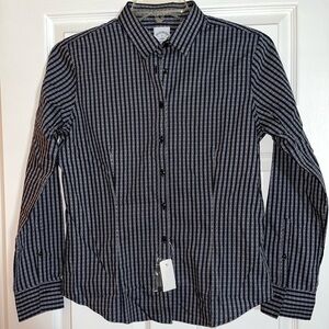 NEW Brooks Brothers Classic Fit No Iron Button Front Shirt 10 Navy Gray Stripe
